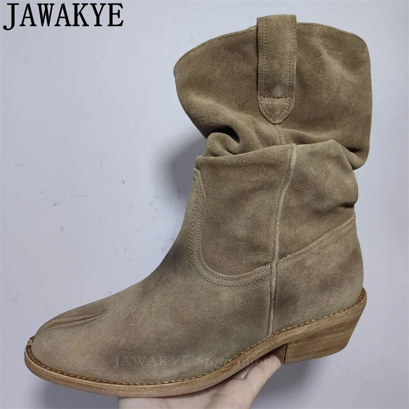 JAWAKYE Classic Split toe Old Cowboy Knight Boots Women Suede Leather Low Heel Short Boots Simple Fashion Chelsea Boots Woman