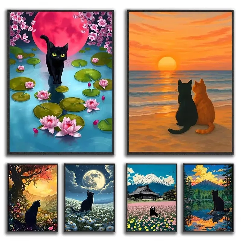 Black Cat in Lily Pond Landscape Jigsaw Puzzles 500/1000/1200/2000PCS Wall Decor for Living Room Perfect Gift No Frame
