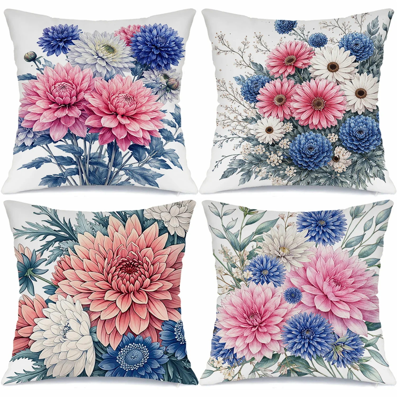Set of 4 Decorative Throw Pillow Covers with Vibrant Floral Bouquet Print for Living Room Decor