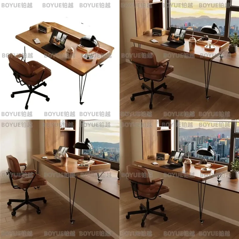 Solid Wood Bay Window Desk Short Legs Computer Table Windowsill Bedroom Reading Study Workbench with Wheels High Low Design