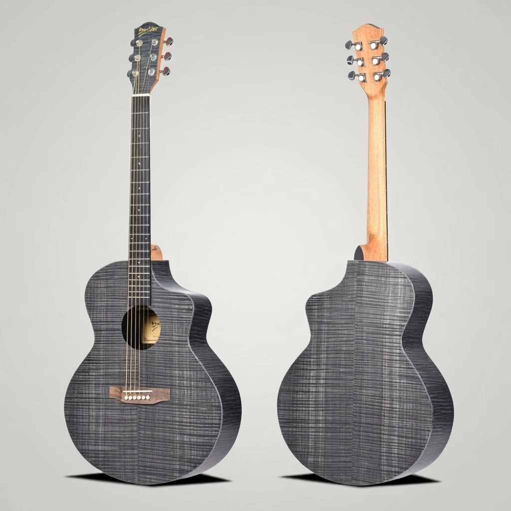 Grey Flamed Tiger Stripe Cutaway Acoustic Guitar Whole Wood Body GA Shape 6 Strings for Beginners, Great for Daily Practice