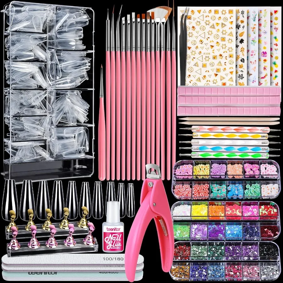 

Acrylic Fake Nails Kit with Clear Coffin Nail Tips for DIY Nail Art at Home Includes Nail Stand Art Brushes Dotting Pen Glitter