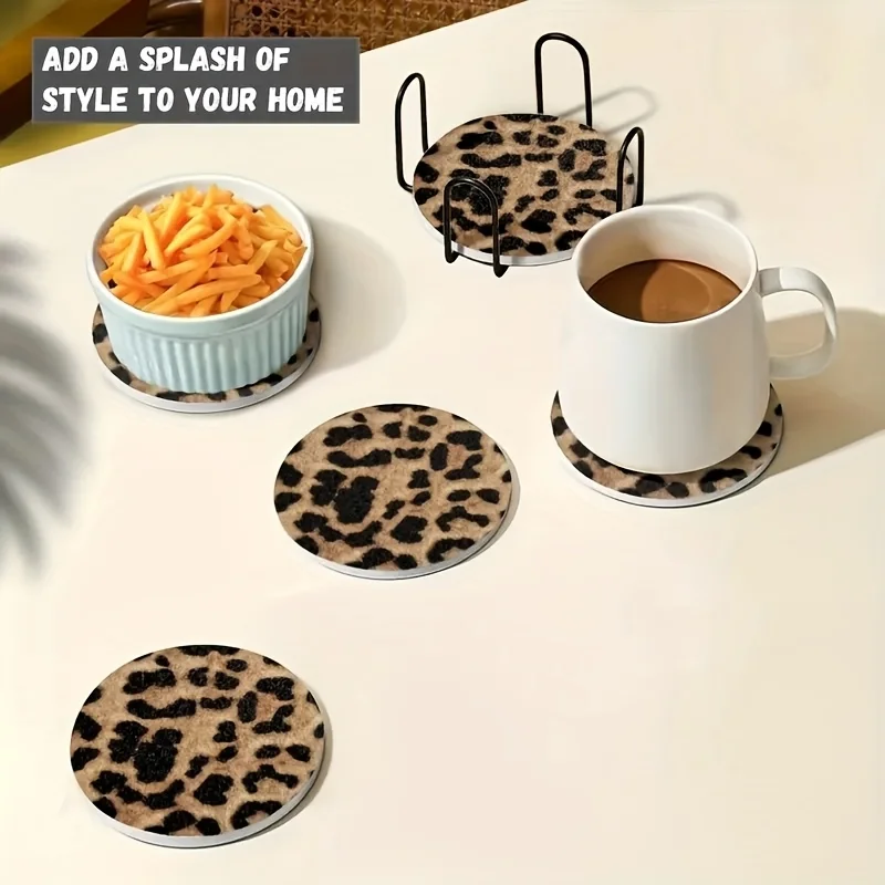 4in 2D Leopard Print Round Wooden Coaster Flat Exquisite Coffee Cup Mug Versatile Office Dining Table Decor Protecting Tabletop