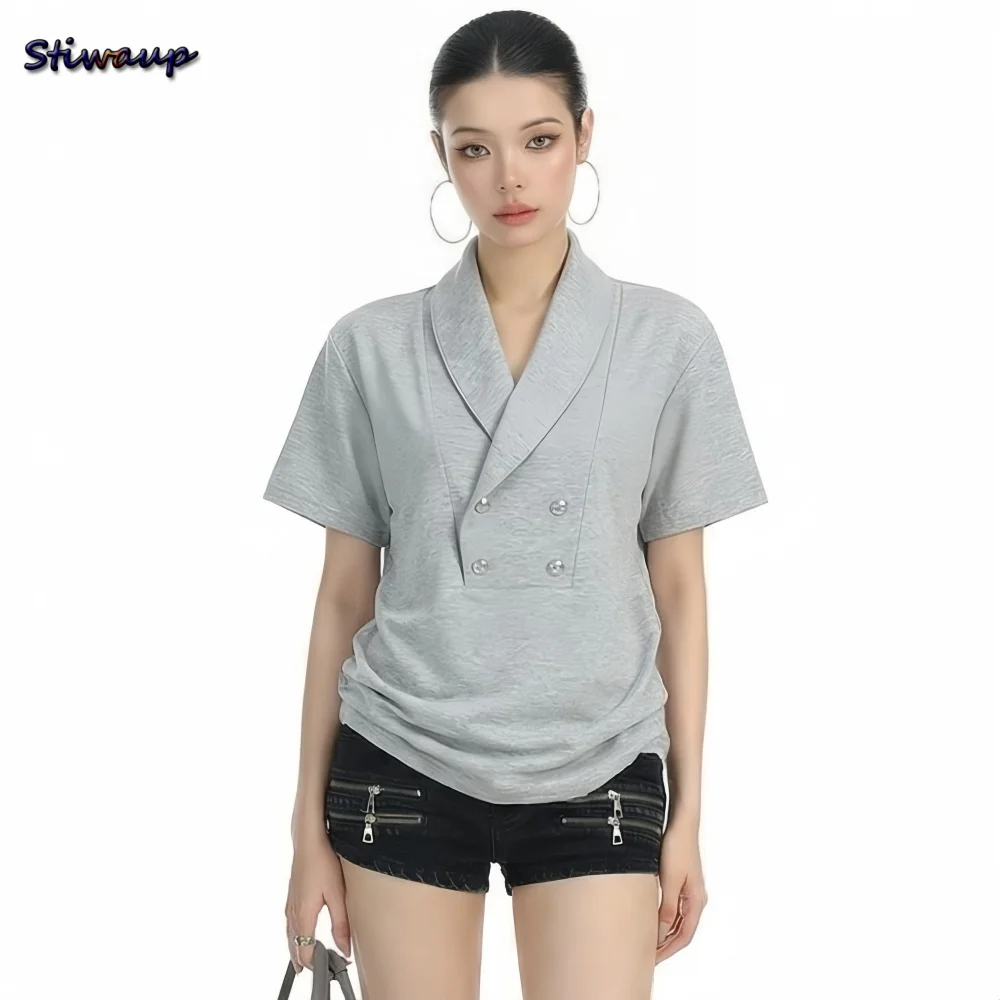 Women T Shirts High End V-Neck Double Breasted Short Sleeve Women's T-shirt Men Unisex Casual Couple Style Summer Tops for Women