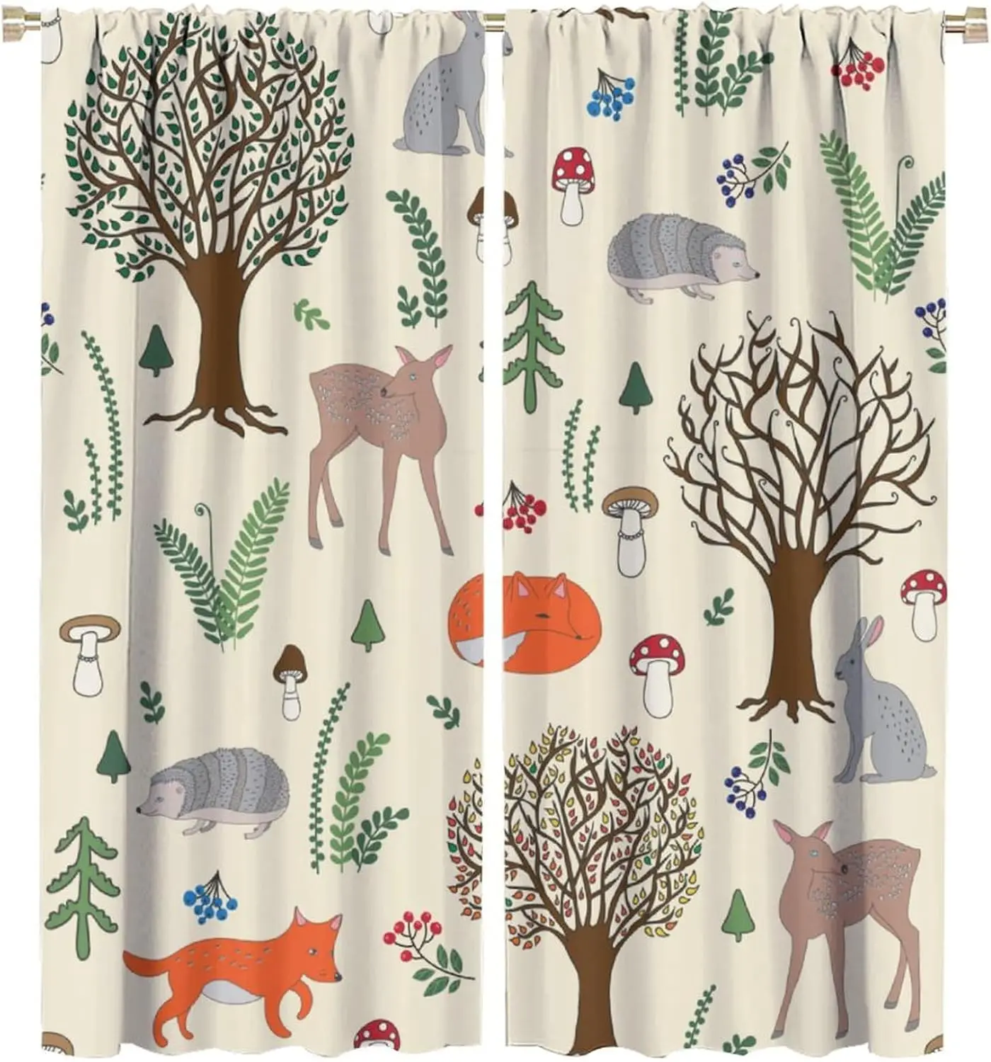 Kids Forest Animal Curtains, Rustic Cute Wild Animal Fox Deer Hedgehog Window Treatments Farmhouse Woodland Window Drapes for