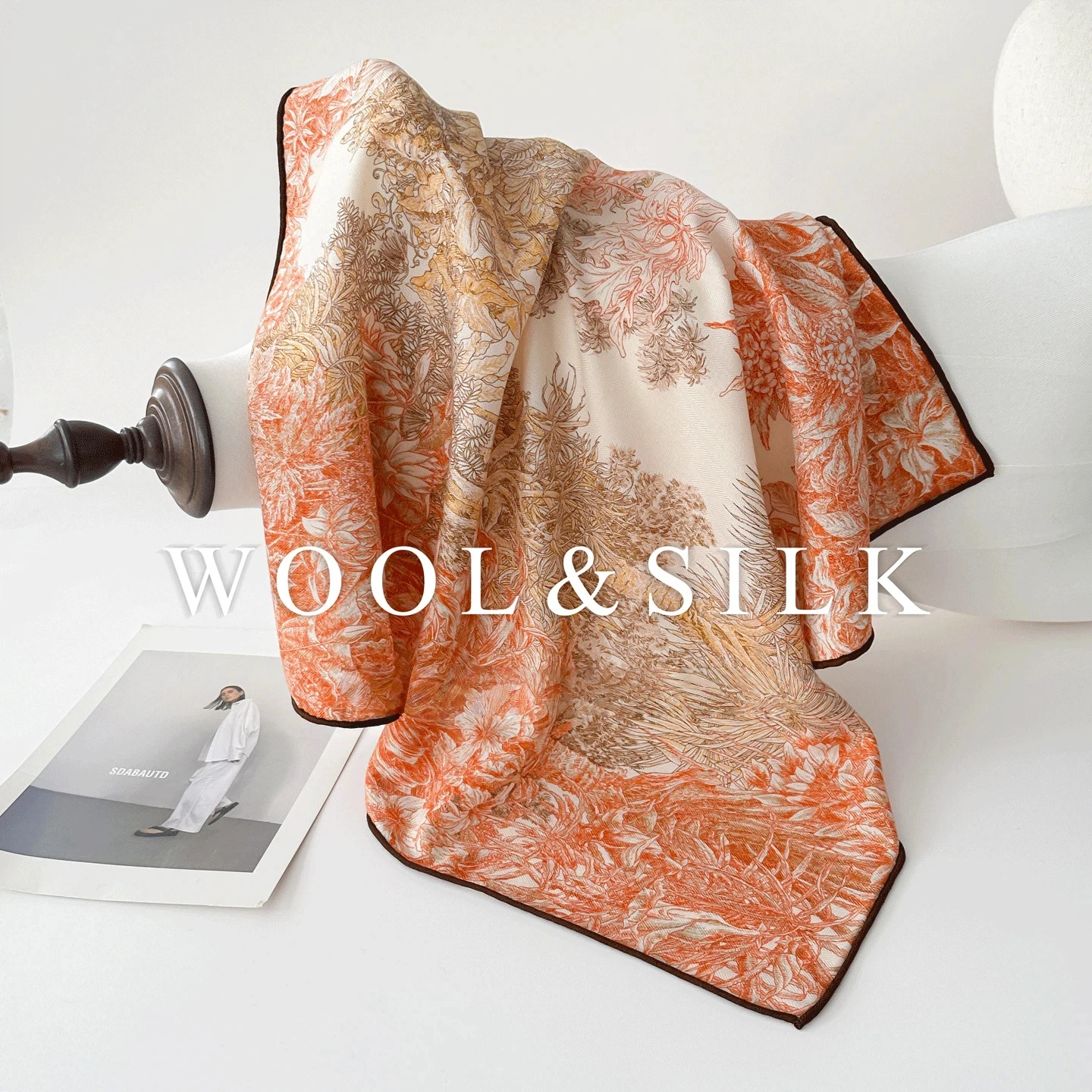 

30% Silk 70% Wool Women Scarf Bohemian Orange Print Neck Scarves for Women Autumn Winter Accessories BrandMuffler