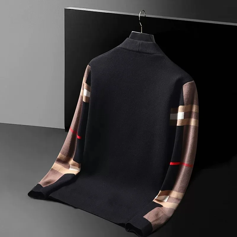 الراقية مخطط اللون منعت سترة مشغولة من الصوف الرجال الأزياء الفاخرة العلامة التجارية مصمم جديد الخريف عارضة سترة معطف جيب شال #3