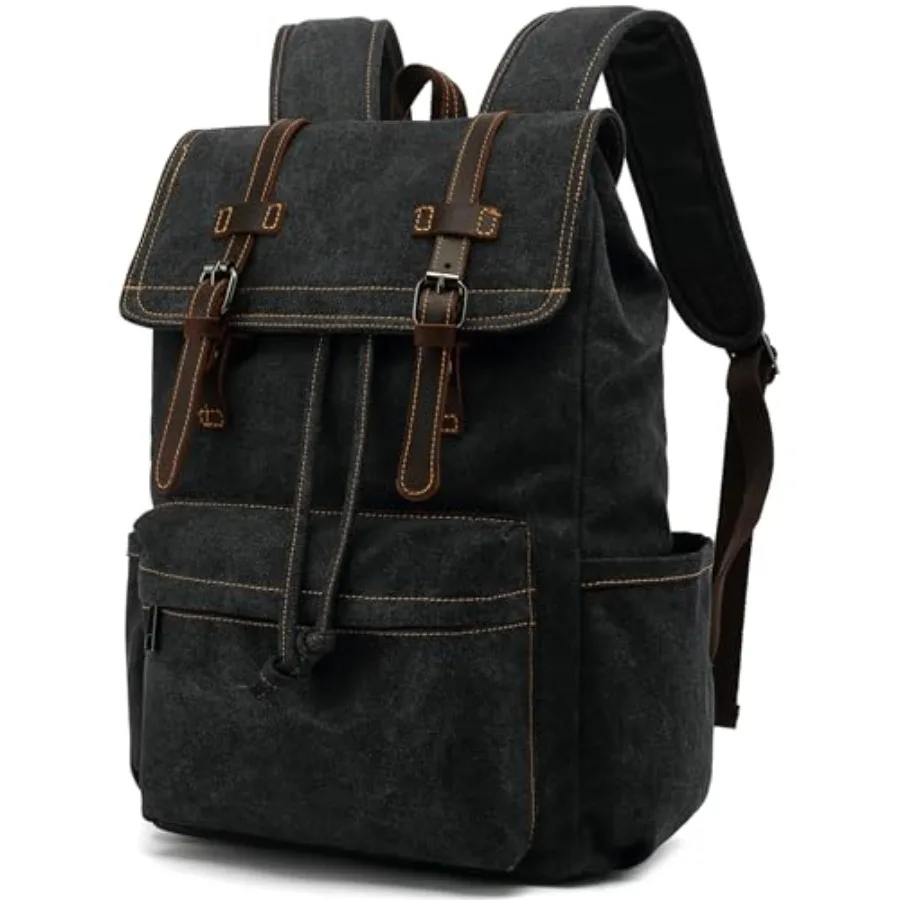 

Canvas Backpack, Vintage Rucksack Fits 14" Laptop, Multi-Pocket Travel and Hiking Daypack with Anti‑Theft Pocket, Genuine Leath