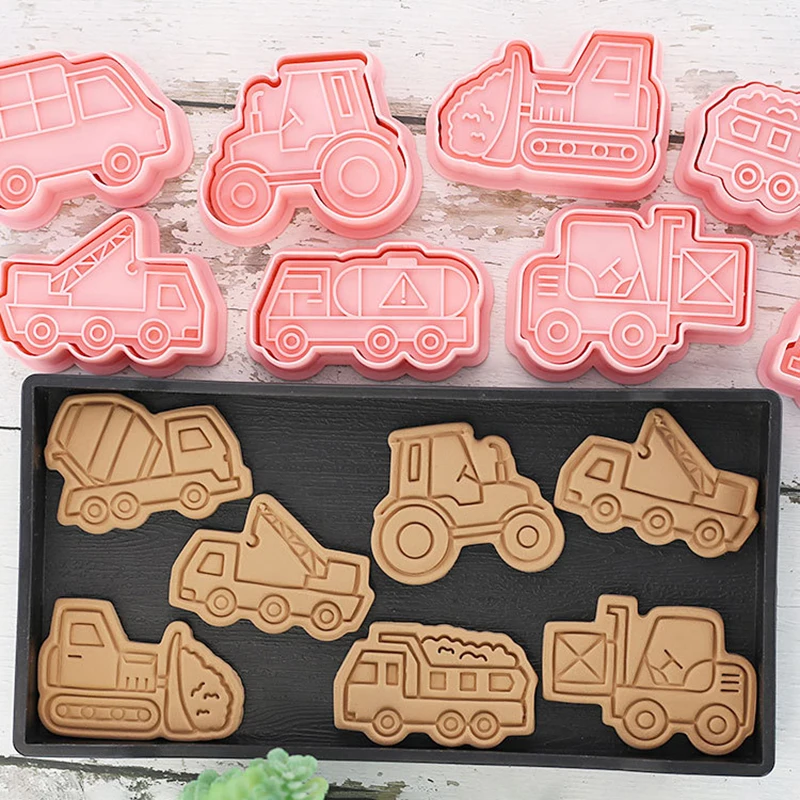 8 Pcs/set Engineering Truck Cookie Cutters Plastic 3D Cartoon Pressable Biscuit Mold Cookie Stamp Baking Pastry Bakeware Kitchen