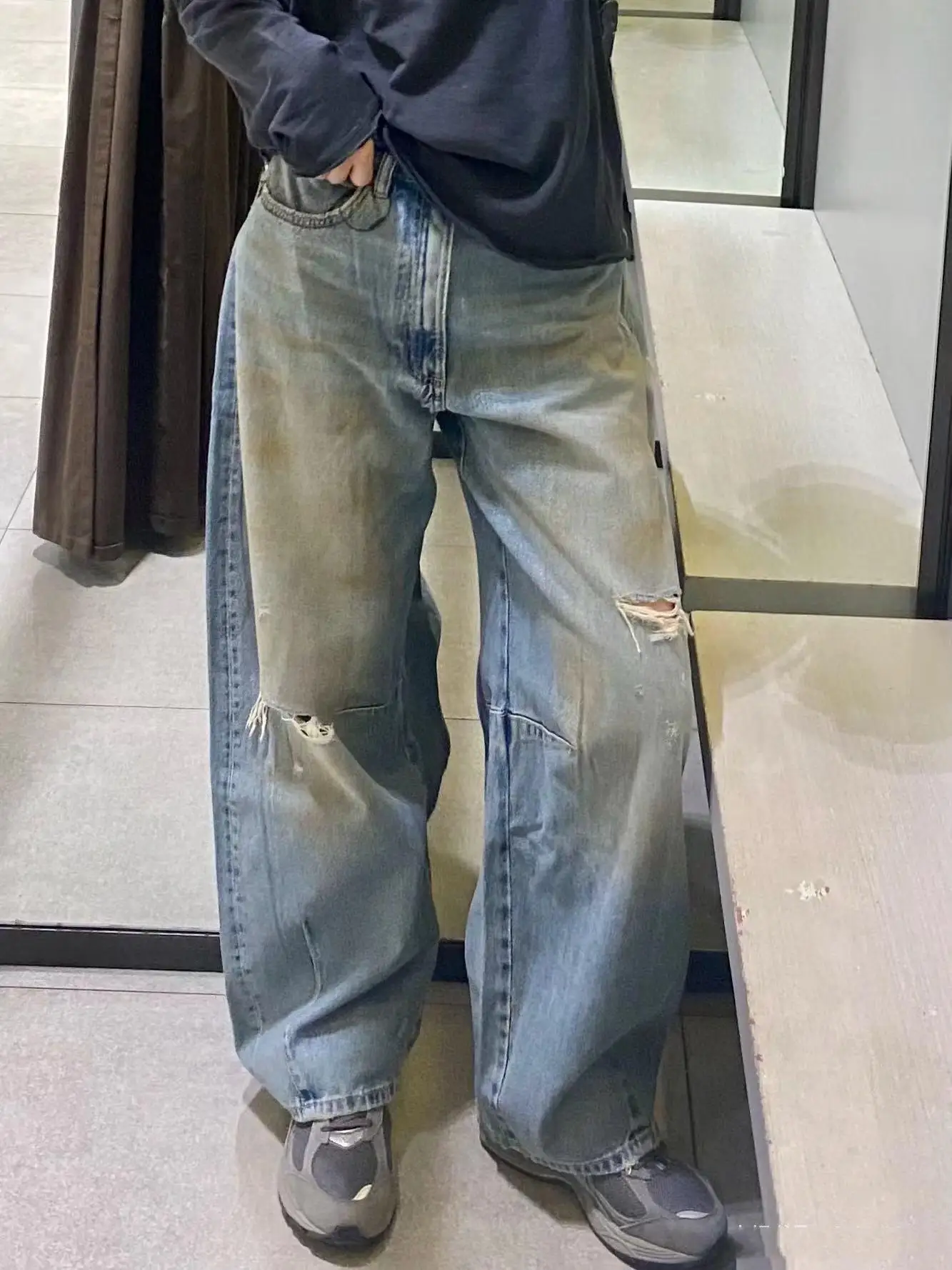 Spring Autumn New Arrival Women's Boyfriend Sle Ripped Vintage mid Waist Loose Waed Wide Leg Jeans Deep Color Zipper