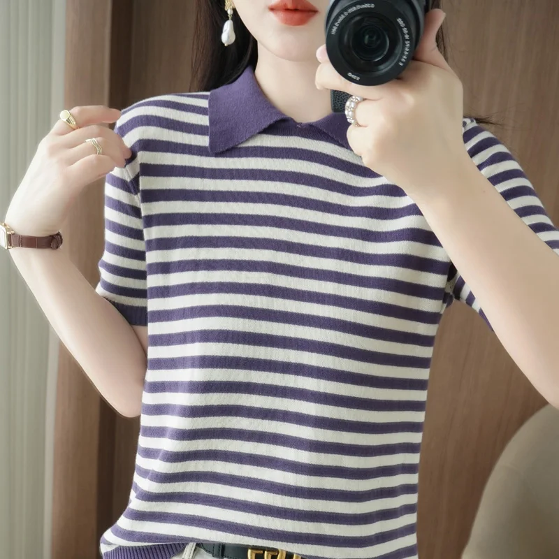 Summer 100% Cotton T-shirt Women's Knitted Short Sleeve Casual Stripe POLO Coll… - Image 4