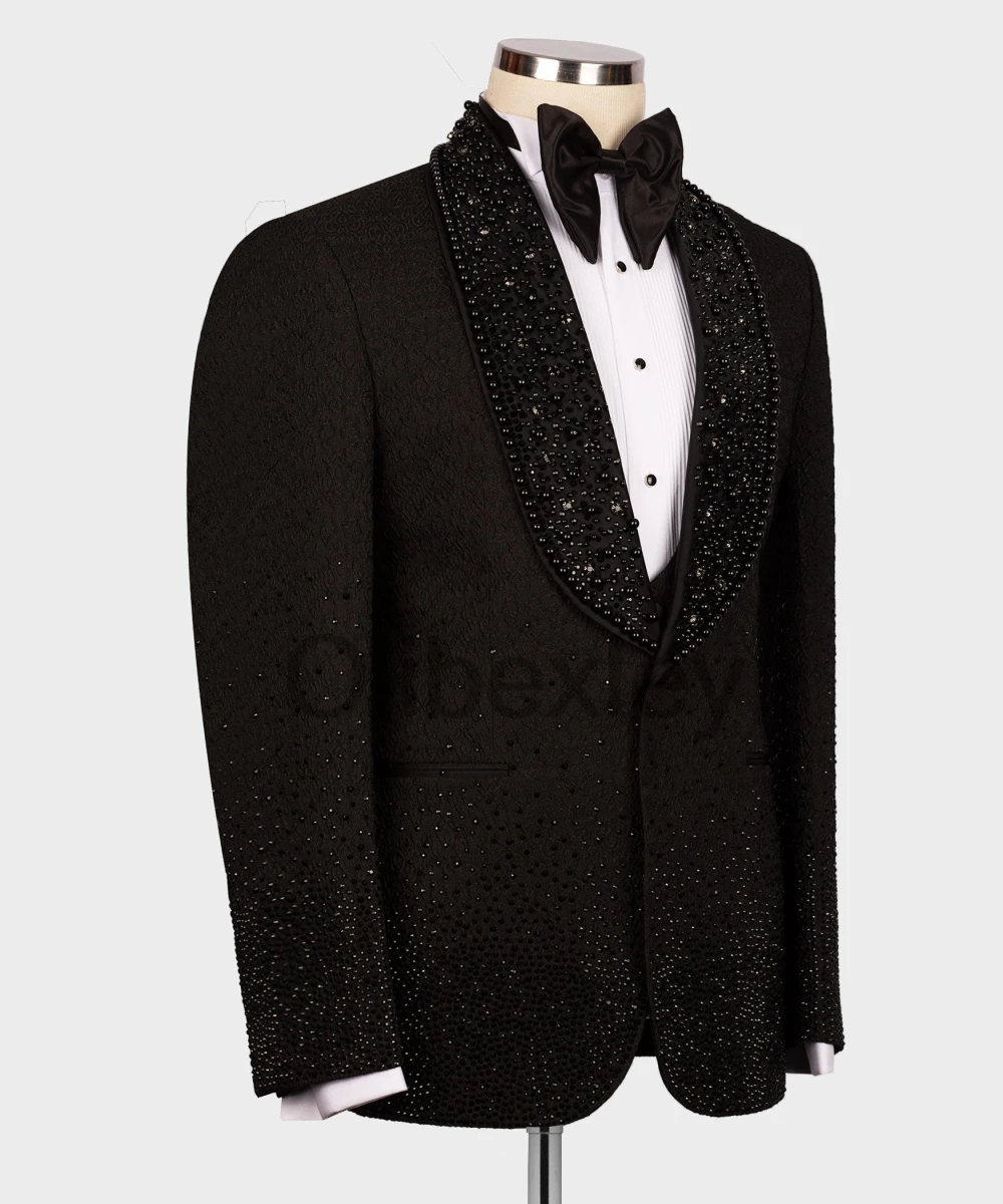 Olibexley Sparkly Black Men Suits Diamond Beaded Wedding Groom Tuxedos Ropa Hmbre 2 Piece Sets Banquet Blazers Customized S126