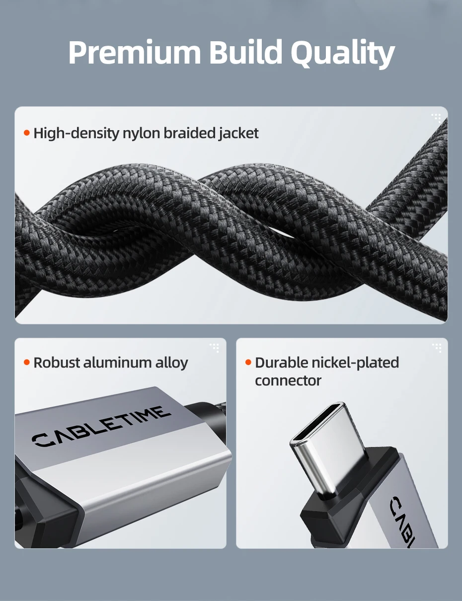 CABLETIME USB4 V2.0 Kabel 80Gbps Datenübertragung 8K@60Hz 240W Ultra-Speed PD 3.1 Geflochtene Ummantelung für Handy, Monitor, PS5 – Detail 8