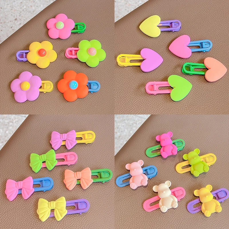 5 Pcs/Set Children Cute Acrylic Cartoon Flower Heart Ornament Hair Clips Girls Alloy Barrettes Hairpins Kids Hair Accessories