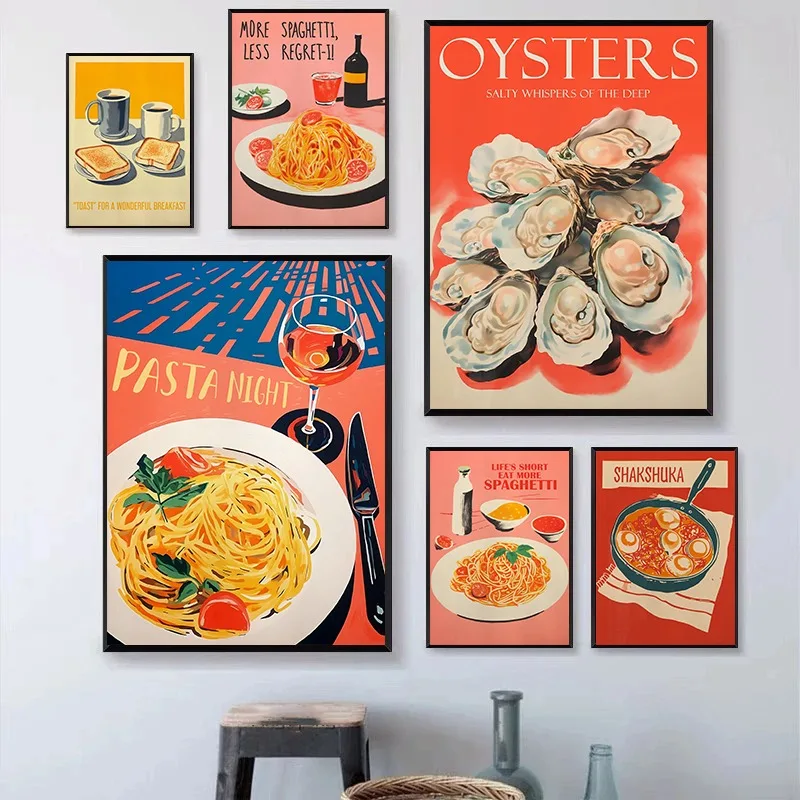 Retro Cartoon Food Poster Pfannkuchen Spaghetti Pasta Leinwand Malerei Wand kunst Bild Küche Zubehör Kochen Restaurant Dekor