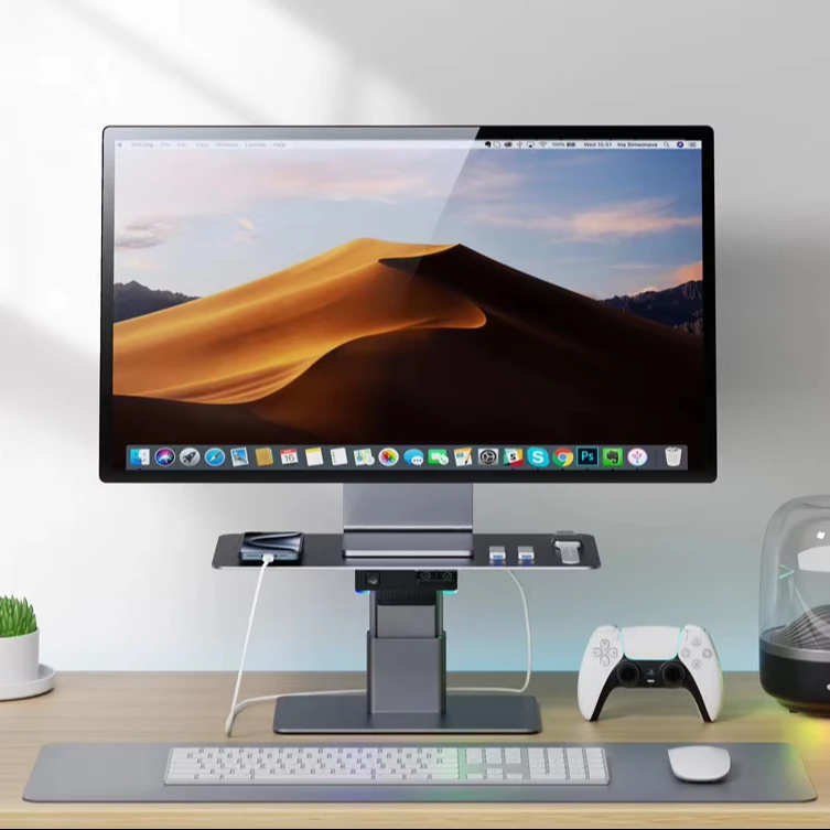 Factory Custom Logo Box Desktop Aluminum Automatic Adjustable RGB Light Computer Monitor Lifter Bracket with USB Hub PD