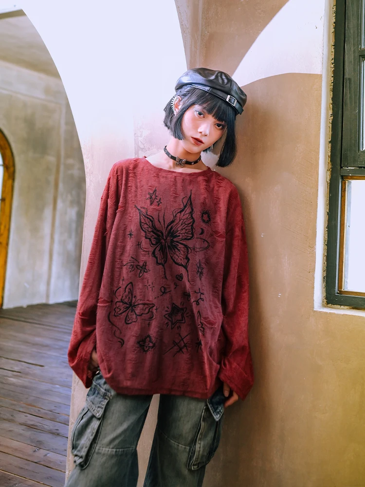 Japanese Style Red Long-sleeved T-shirt Women's Autumn 2024 New Soft Girl Print Ripped Top Tees O-neck Pullovers Vintage Clothes