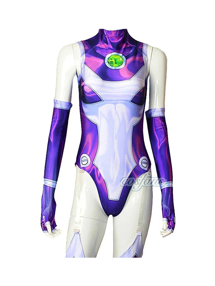 코스프레 Starfire 슈퍼 히어로 점프 슈트 Zentai Bodysuit 할로윈 애니메이션 코스프레 의상 섹시한 여성 카니발 파티 의상