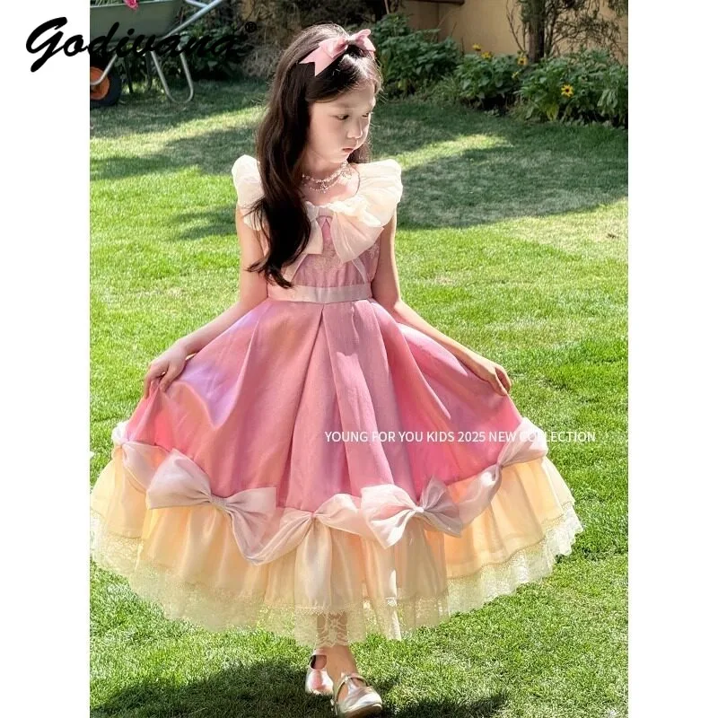 Sweet Girls Pink Princess Dress 2026 New Spring and Summer Ruffle Lace Bow Sleeveless Wedding Flower Girls Birthday Party Gown