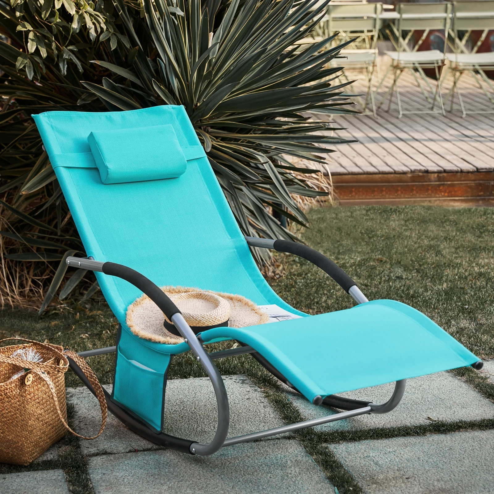 SoBuy OGS28 Sonnenliege Gartenliege wetterfest Liegestuhl Schaukelstuhl mit Kopfkissen Outdoor Terrasse Balkon Camping bis 150kg – Detail 29