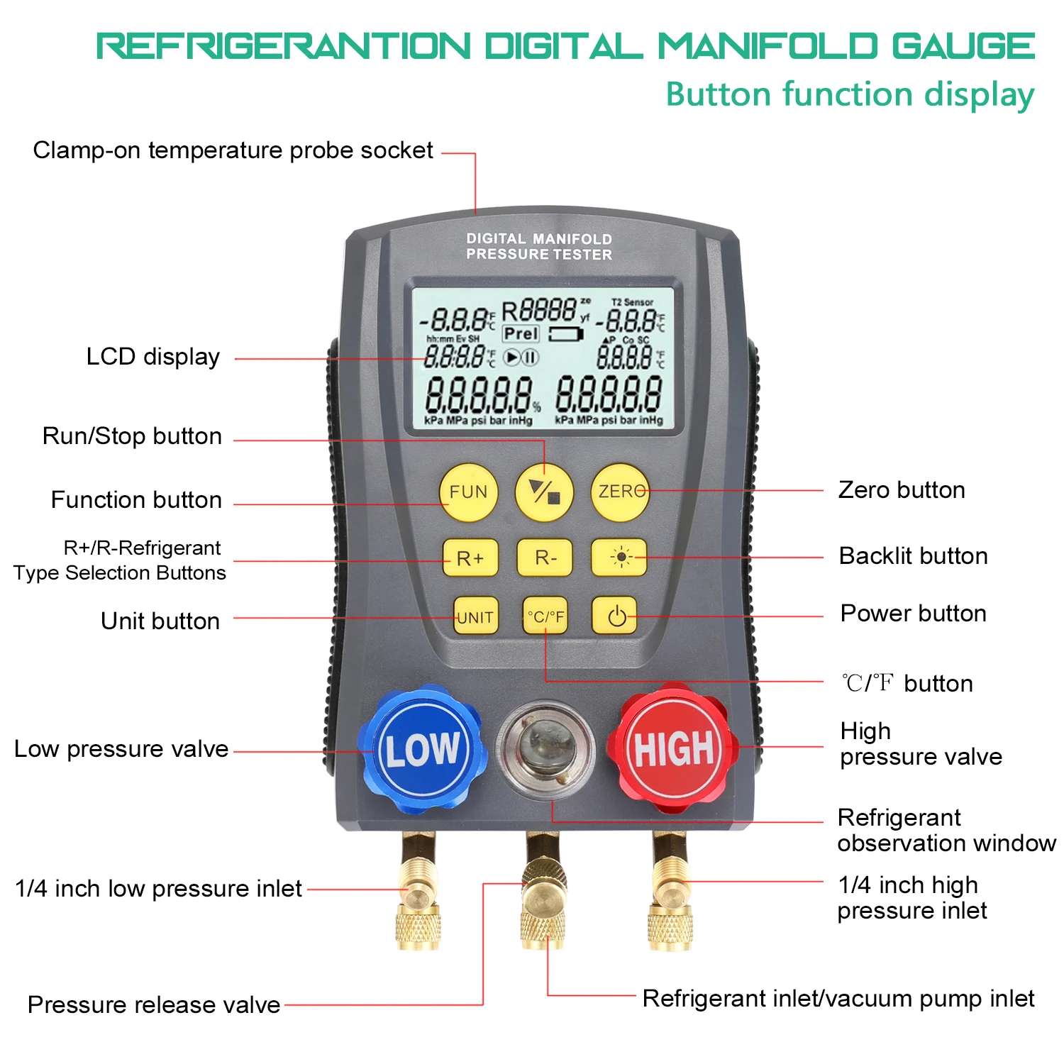 Pressure Gauge Refrigeration Digital Vacuum Pressure Manifold Tester Refrigerant Meter Temperature Tester Test Repair Tool