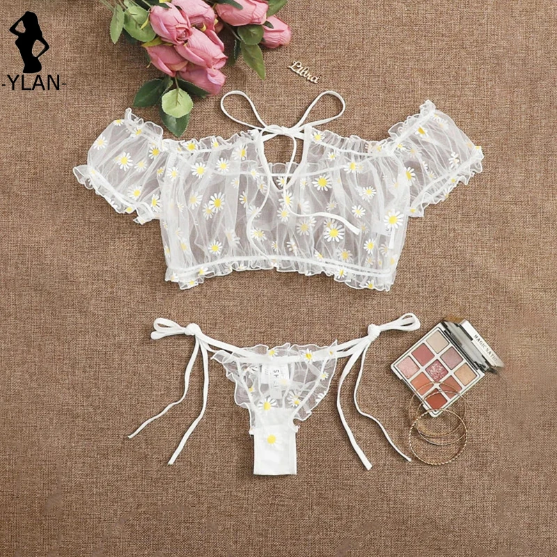 Wire Free Lingerie Set Off-Shoulder Sexy Women\'s Underwear Small Chest Bralette+Thong Lace Swimsuit Beachwear New Flower Bra Set