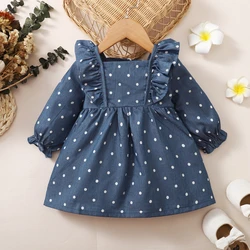 Infant Baby Girl Cute Polka-dot Long Sleeveless Dress Ruffle Blue Dress Toddler Girl Birthday Princess Dresses for 3-24 Months