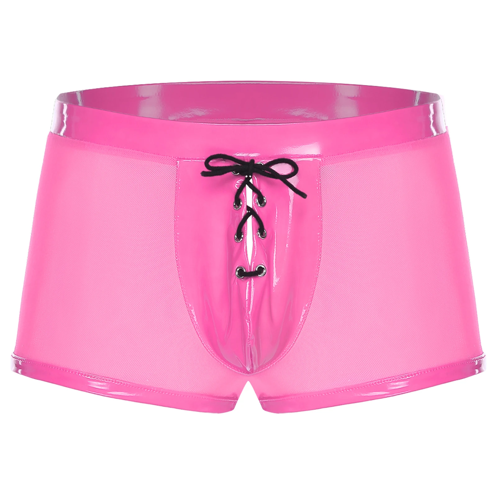 Men Sexy See Through Mesh Shorts Patent Leather Patchwork Bulge Crotch Boxer Briefs Underwear Swimming Trunks Panties Beachwear
