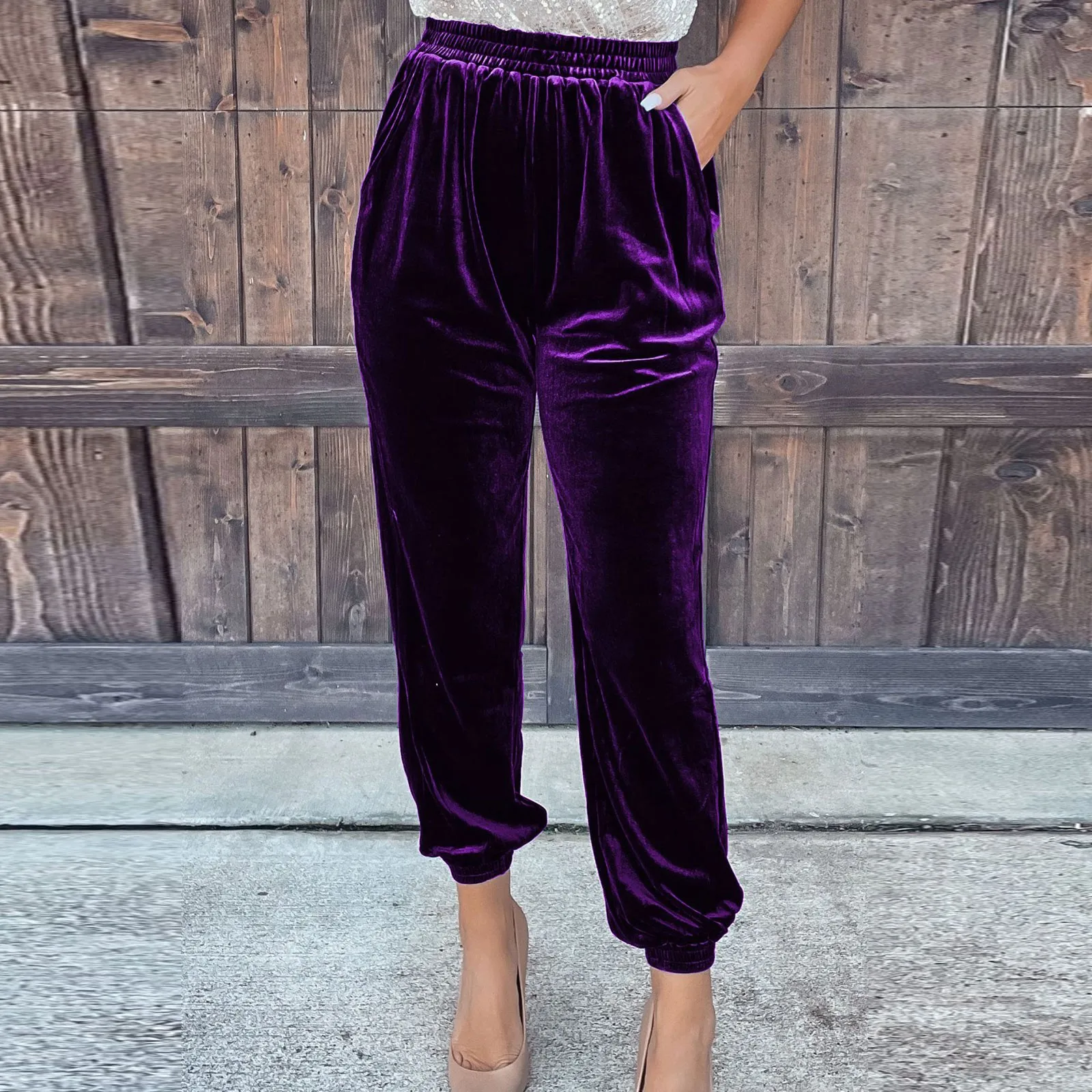 Women\'s Velvet Pants High Waist Loose Wide Leg Pants Casual Elastic Waist Velour Long Trousers with Pockets