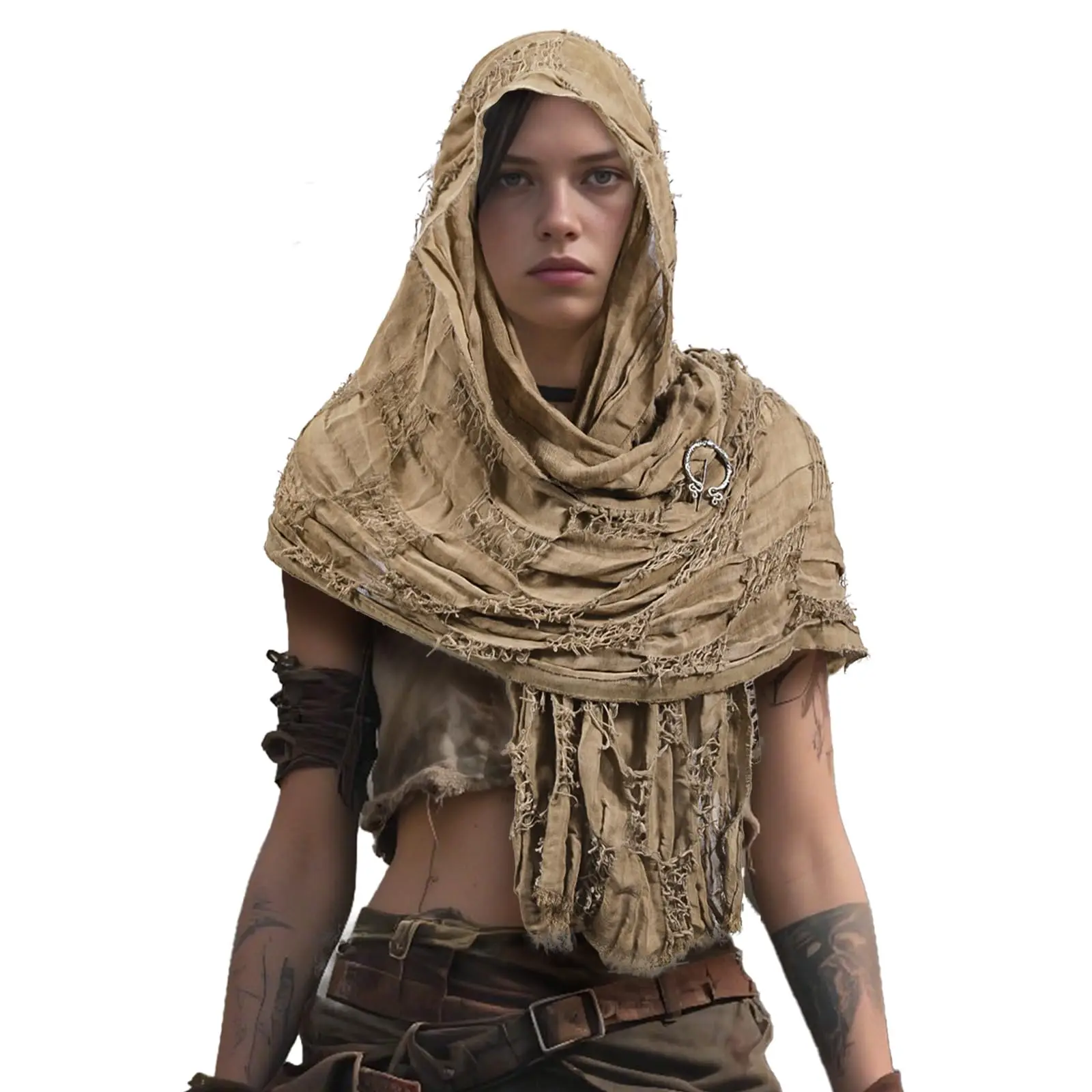 

Dune Costume Post Apocalyptic Hooded Cloak Desert Scarf Shawl Cowl Half Cape Medieval Viking Outfit for Men Women