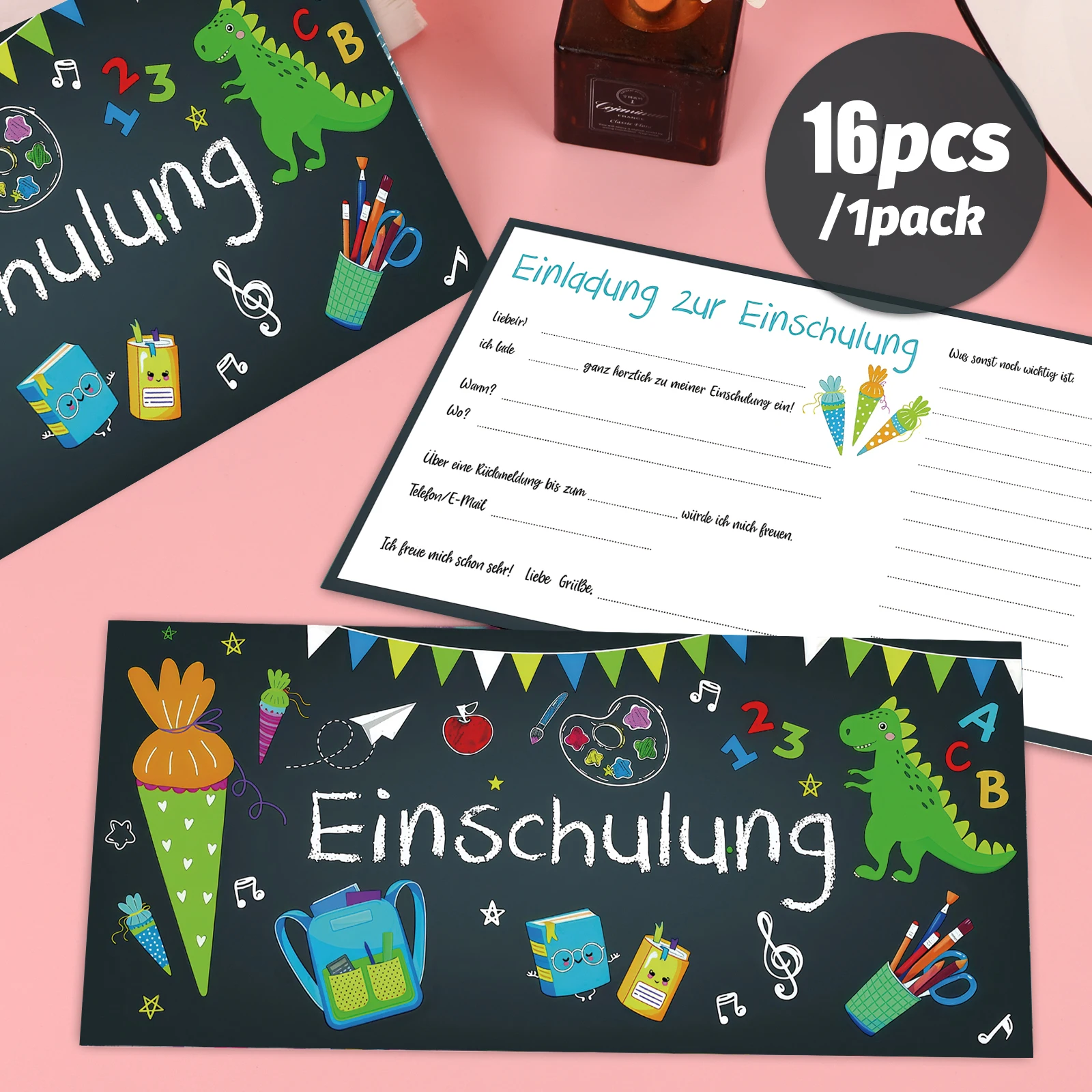 16-teilige Einladungskarten für den Schulanfang mit Dinosaurier- und Cartoon-Briefpapierdesign – personalisiertes Deutsch