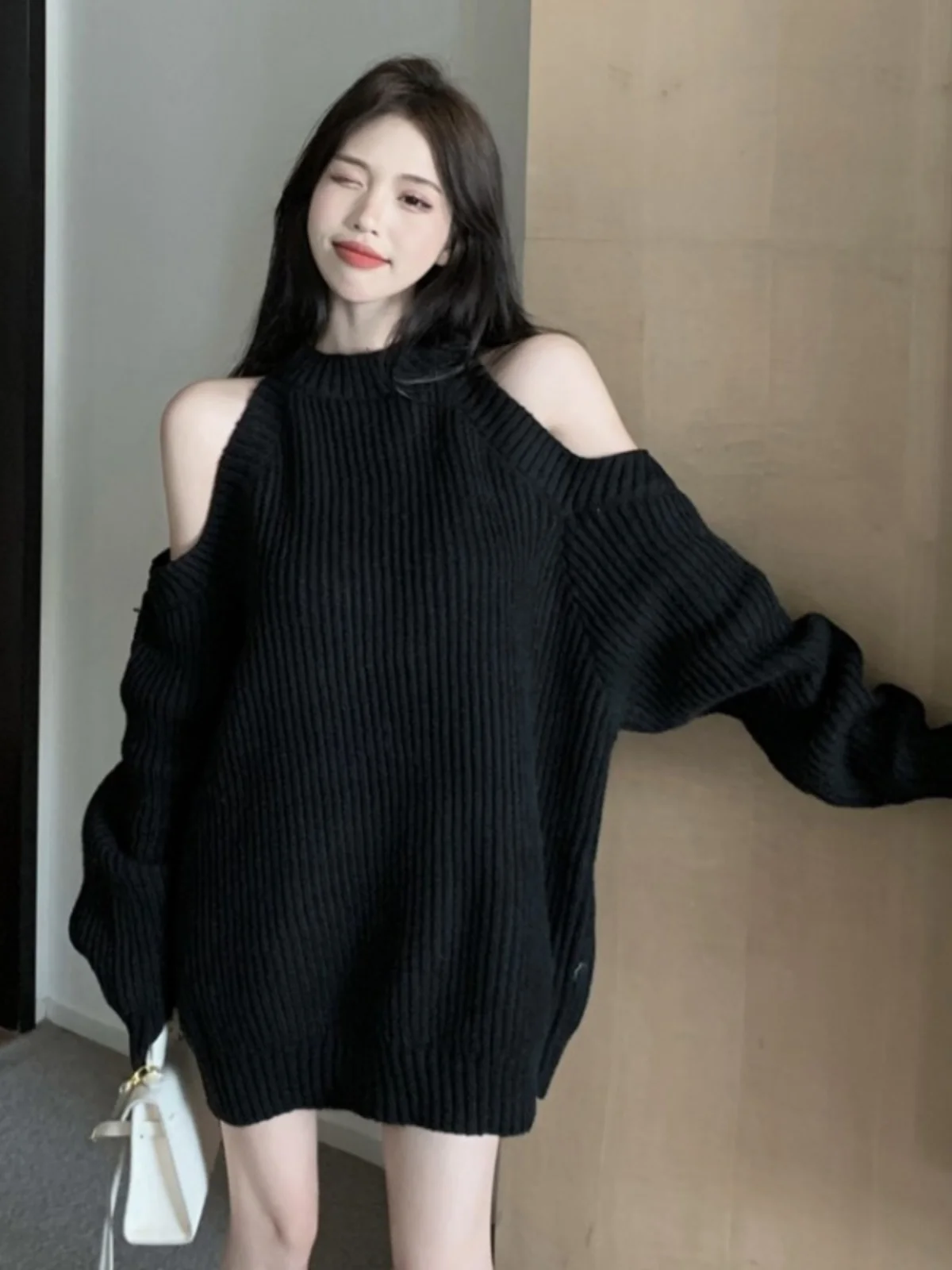 Свободный женский свитер с открытыми плечами, весна-осень, большой размер, удобный вязаный топ, теплый длинный све