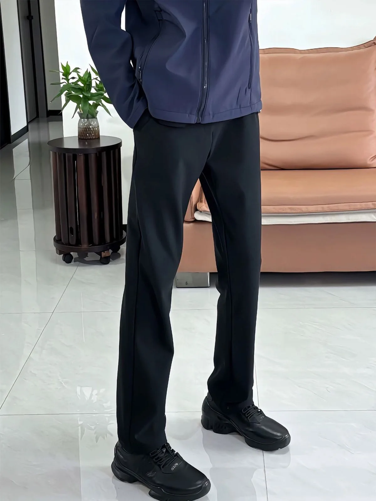 

Black Slim Fit Straight Leg Half Elastic Men's Spring Cleanfit Suit Pants Casual Trousers with Micro Flares mid Waist