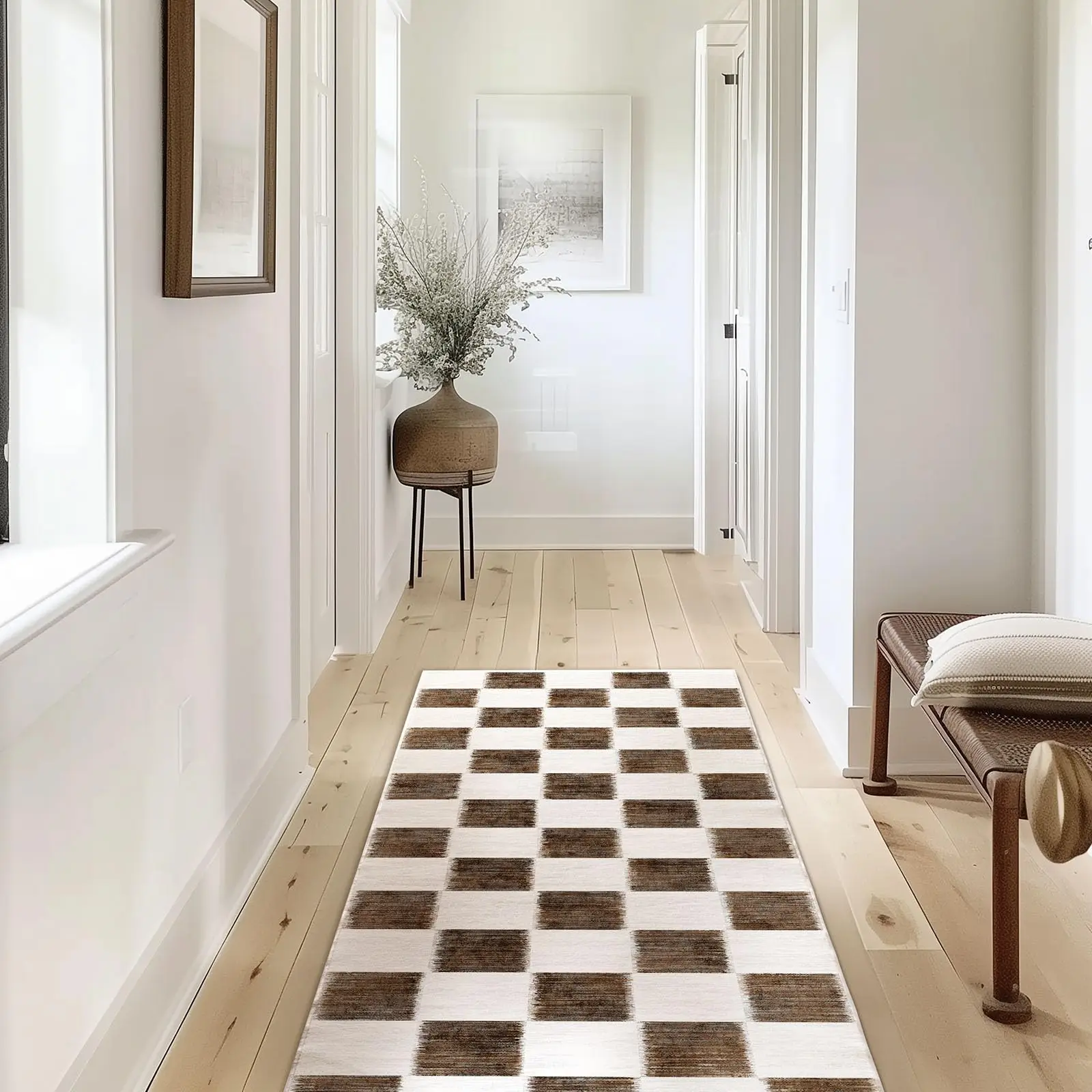 Checkerboard Runner Rug Brown White Square Pattern Carpet Non Slip Floor Mat For Hallway Kitchen Entryway Home Area Rugs