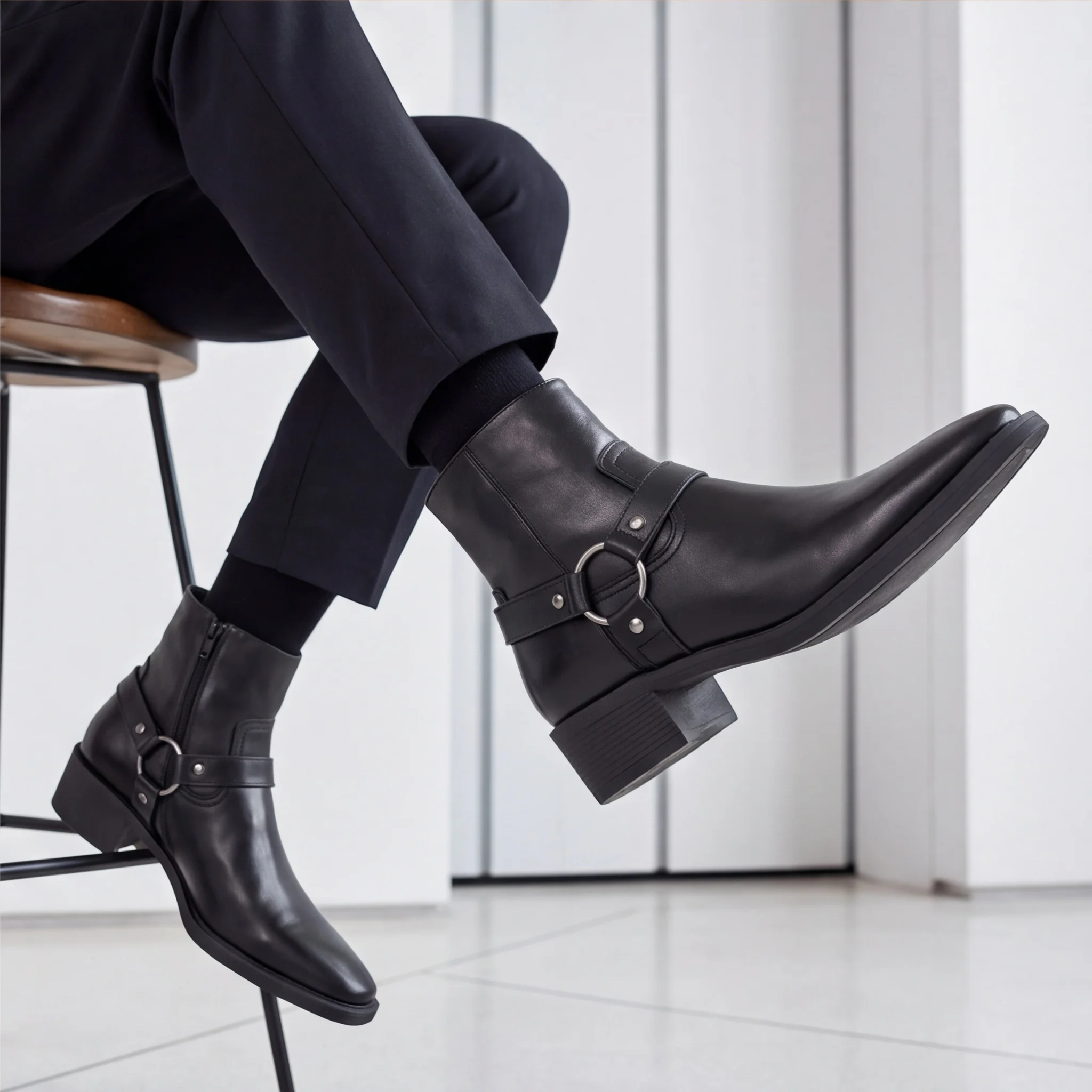 Chelsea Boots For Man Black Harness Buckle Ankle Boots Side Zip Mens Boots Pointed Toe Block Heel