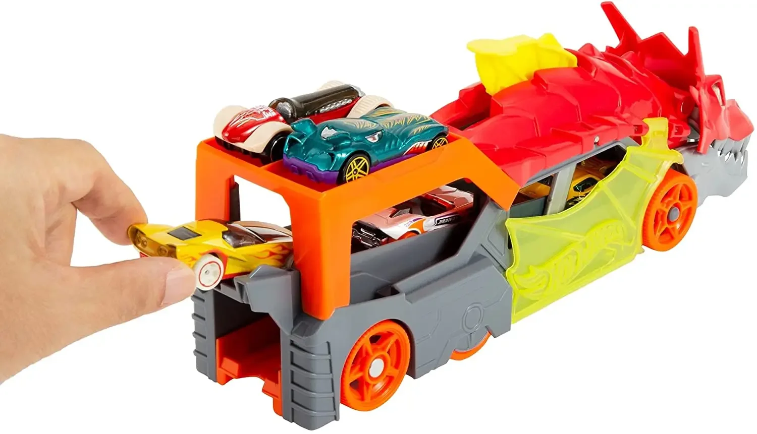 Original Hot Wheels coche camión Shark Chomp Transporter Diecast 1/64 almacenamiento de coche portador dragón lanzamiento niños juguetes para niños