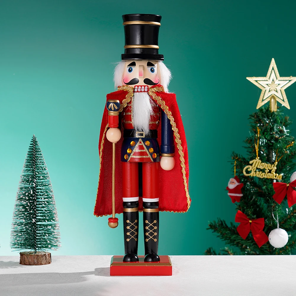 38CM cloak Nutcracker Red black wooden Handmade cloak King Soldier Doll Decorated for Christmas gifts Home office decorations