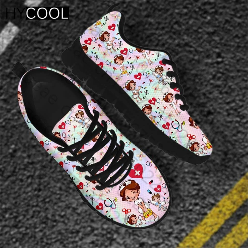 HYCOOL Hot Style Women Flats Nursing Shoes Holographic Nurse Doctor Print Brand Design Lightweight Running Sneakers Soft Zapatos