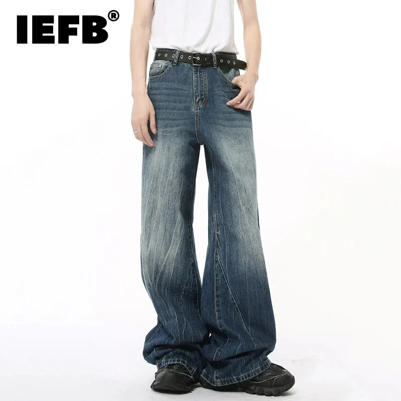 IEFB American Style Men\'s Denim Pants Washed Lightning Streak Trendy Trousers Solid Color Straight Wide Leg Male Jeans 9C8319