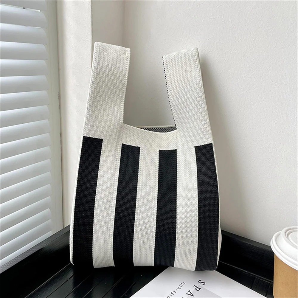 Trendy Stripes Vest Bag Minimalist Color Matching Knitting Handbag Leisure Art Walking Tote Woman Travel Cosmetic Storage Bag