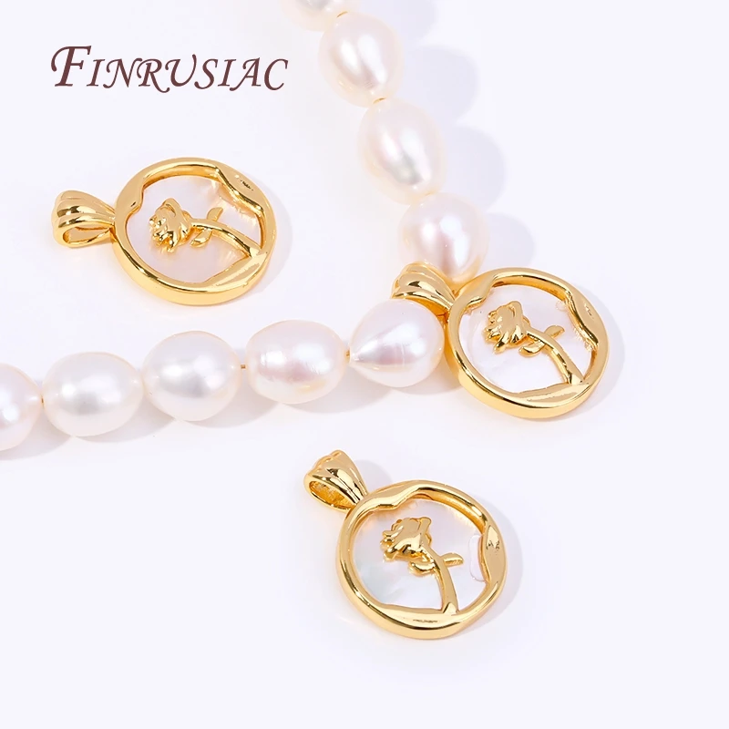 18K Real Gold Plated Rose Pendant Jewellery Making Supplies,Natural Shell Round Charms For DIY Necklace Making Crafts