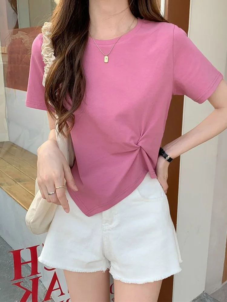 Y2K Irregular T-shirt Women Summer Skinny T Shirt Femme Solid Short Sleeve Korean Kpop Slim O-Neck Tshirt Woman Clothes Top