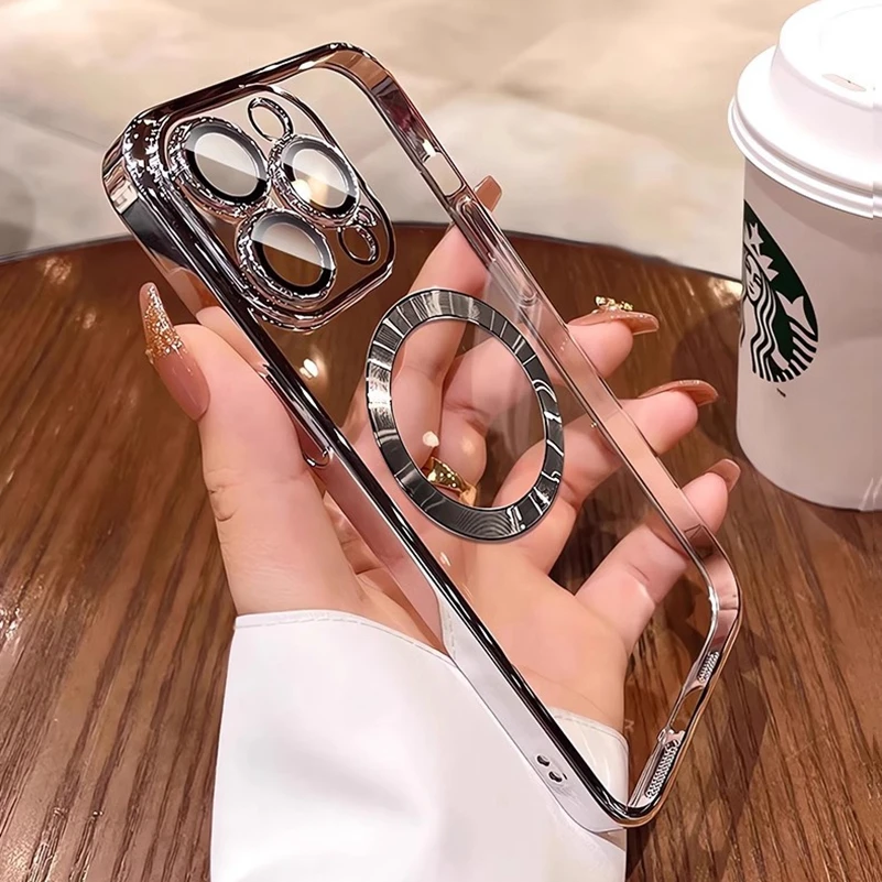 حافظة Magsafe للشحن اللاسلكي الناعم بالكهرباء لهاتف آيفون 16 11 12 13 14 15 Pro Max 16 Plus غطاء فاخر من السيليكون الشفاف من البولي يوريثان الحراري