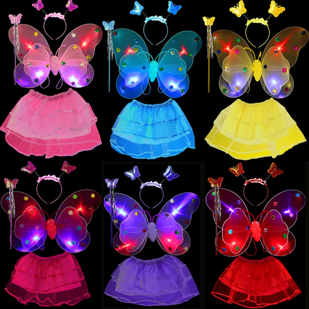 

4pcs Fairy Costume Set Led Double Layer Wings Wand Headband Tutu Skirt Party Outfit Pink Lightweight