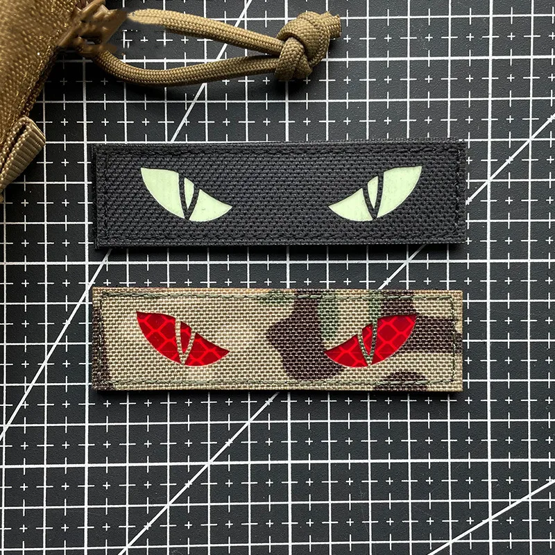 Long Tactical Morale Badge Luminous Cat Eye Badge Reflective Nylon Cut Patch Demon Badge for Clothes Backpack Decals