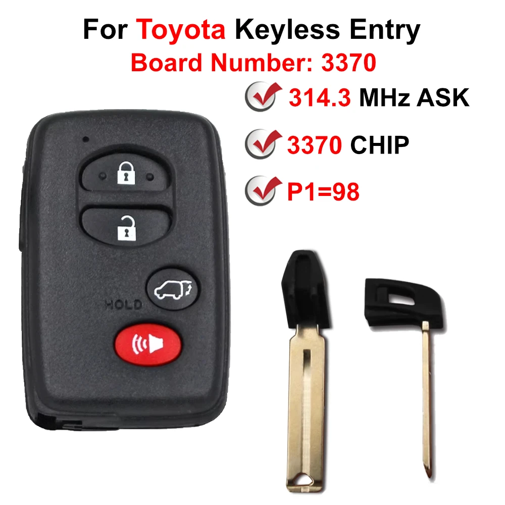 314.3 MHz 3370 Board ID74-WD03 4 Buttons Smart Key KeylessGo Keyless Entry For Toyota Sequoia 2008 2009 2010 2011