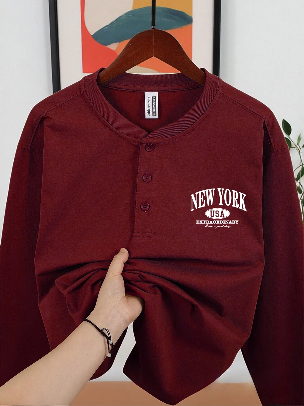 نيويورك الولايات المتحدة الأمريكية الكلمات يطبع القطن هينلي قميص رجالي الخريف فضفاض بلايز الدافئة طويلة الأكمام تي شيرت الأساسية تنفس الذكور الملابس #1