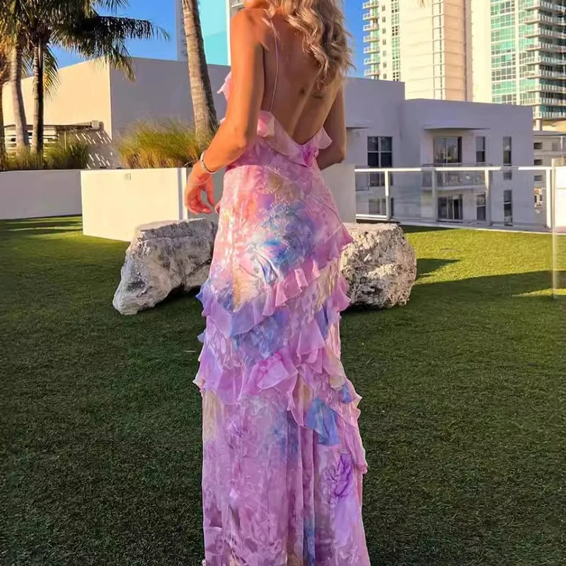 New Women\'s V Neck Ruffled Slim Long Dress Fashion Sleeveless Floral Print Suspender Dress Casual Backless Summer Beach Dresses