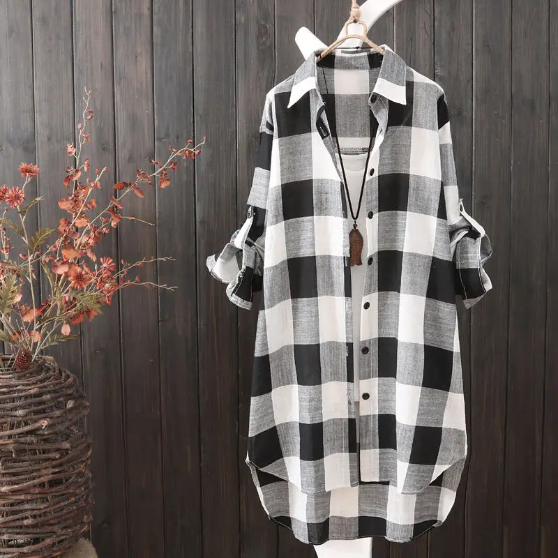 New Women\'s 2024 Summer Patchwork Square Collar Button Plaid Fashion Loose All-match Mid Length Long Sleeved Blouses Shirts