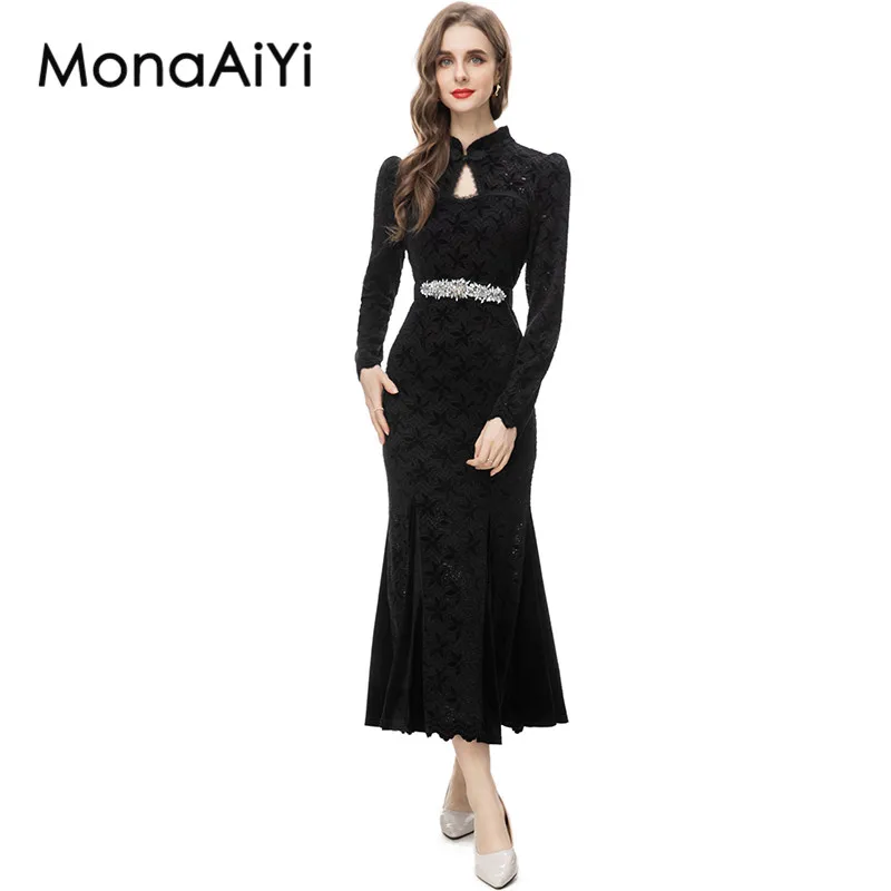 MonaAiYi New Fashion Designer Women's Sweetheart Collar Long Sleeved Four Leaf Grass Pattern Chinese Style Casual Black Dress